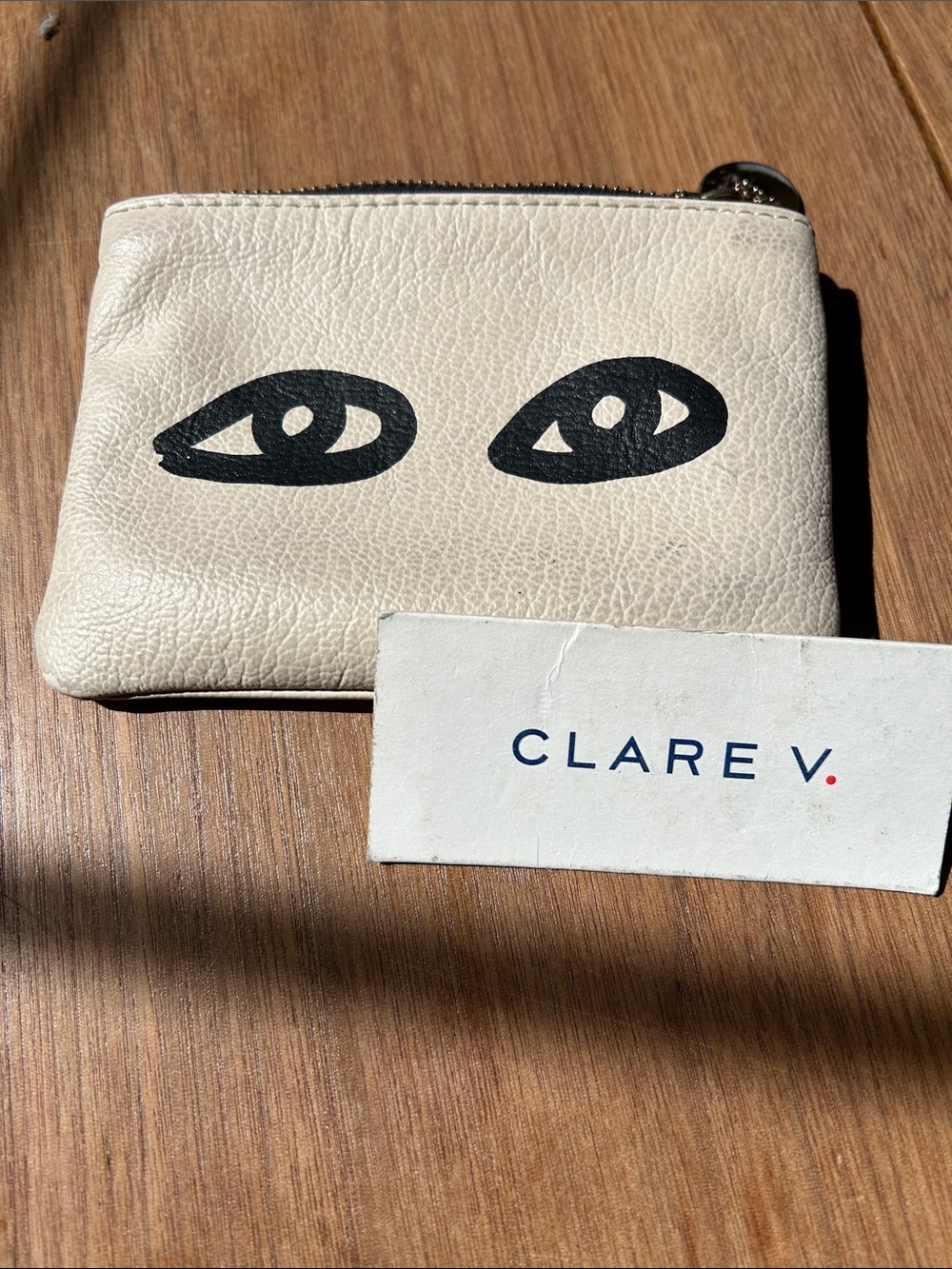 Clare V Cream Leather Eye Zip Card Pouch with Black Graphic